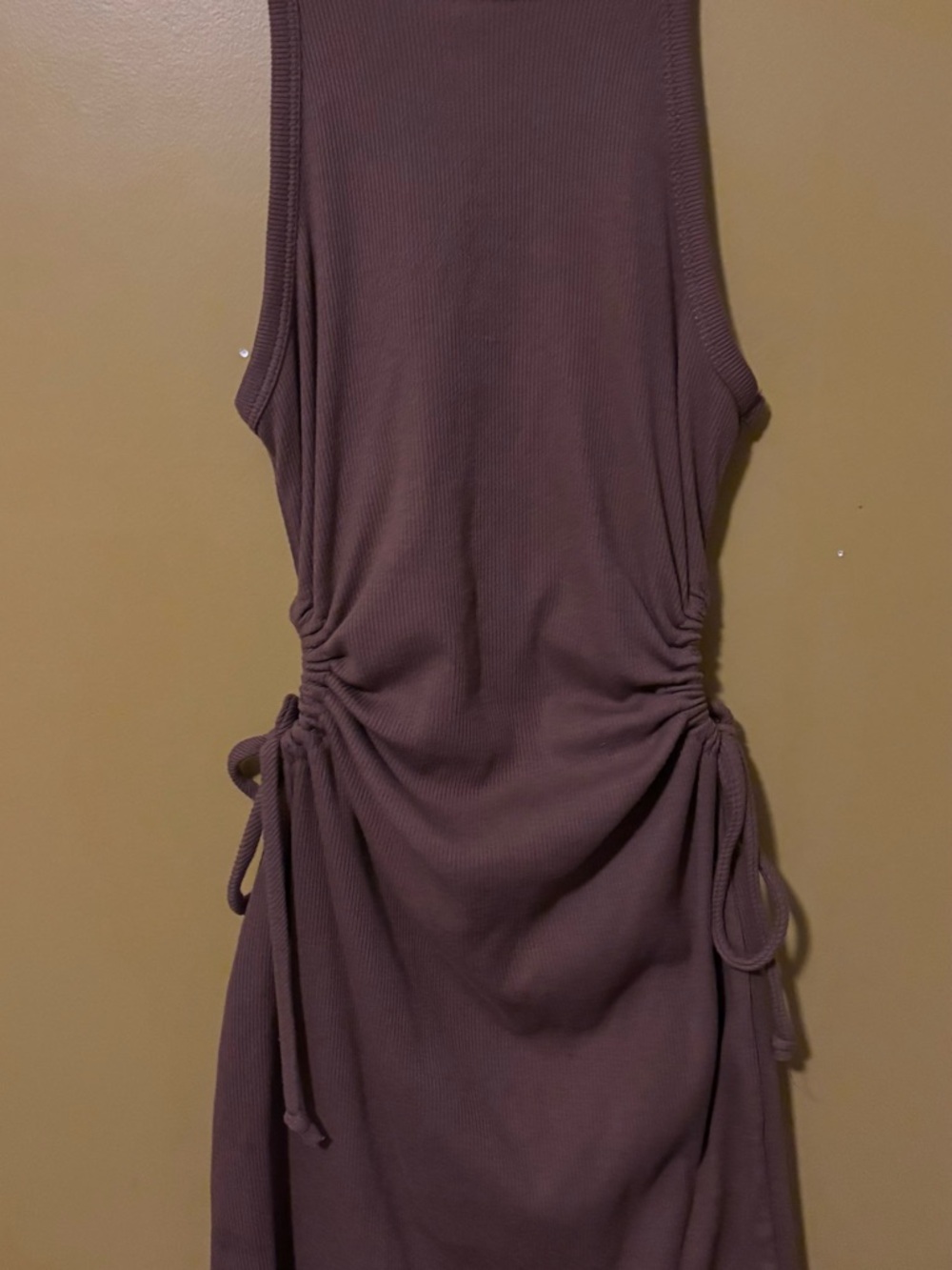 Bold Ribbed Brown Tank Dress With Side Ruching (S) - Picture 2 of 4